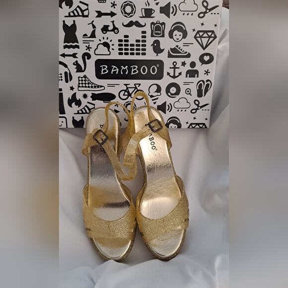 Sz 8 Gold Glitter Jelly Block High Heel Sandals Shoes NEW Platform Meta… - Picture 7 of 8